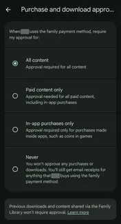 Family Link approval options: All content selected, with Paid content only, In-app purchases only and Never
