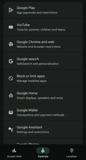 Family Link Controls tab, with Google Play at the top of the list