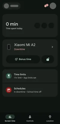 Family Link's Screen time tab for a child's phone, showing Time limits and Schedules; names and photos hidden
