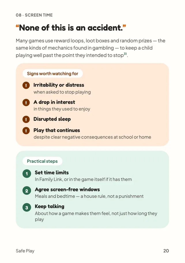Safe Play guide page 20: the signs worth watching for, and three practical steps for healthy play