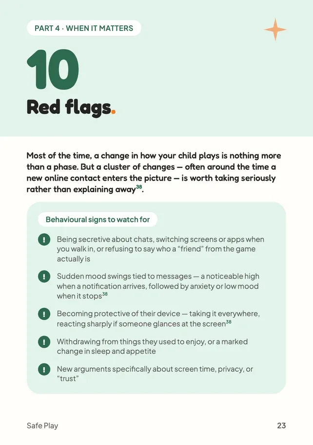 Safe Play guide page 23: the behavioural signs worth taking seriously, often around a new online contact