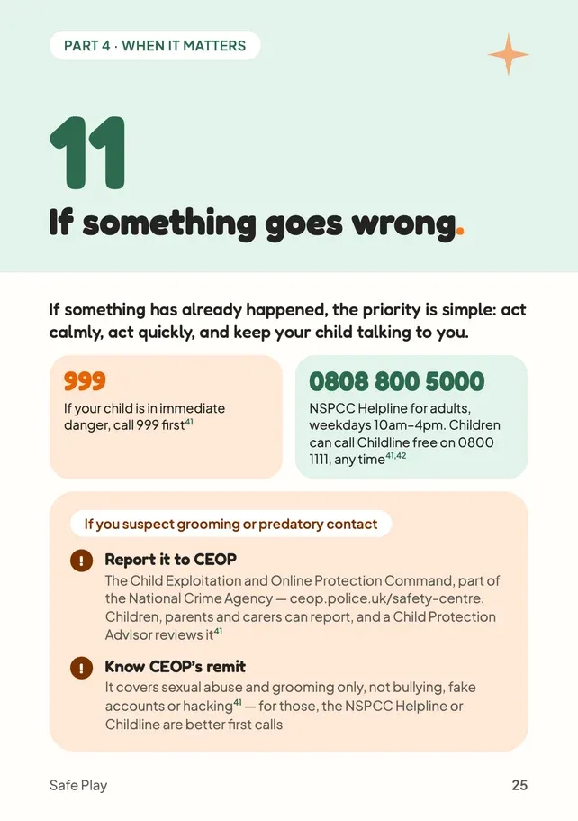 Safe Play guide page 25: 999, the NSPCC Helpline and Childline, and when to report to CEOP
