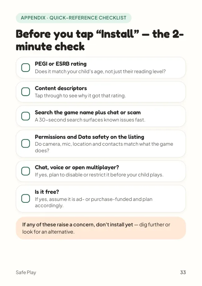 Guide page 33: the two-minute check before you tap Install