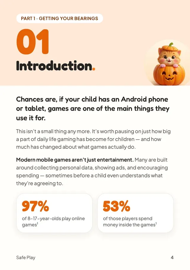 Safe Play guide page 4: the introduction, with 97% of 8 to 17-year-olds playing games online and 53% of them spending money inside the games