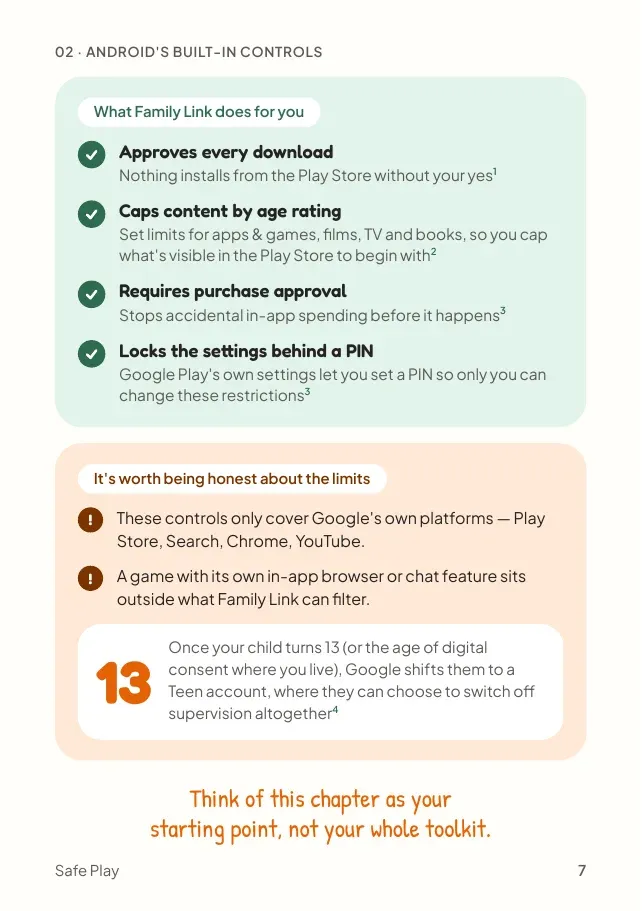 Guide page 7: what Google Family Link does for you, and its limits