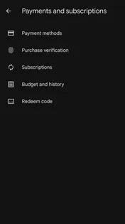 Payments and subscriptions in Google Play, with Budget and history highlighted