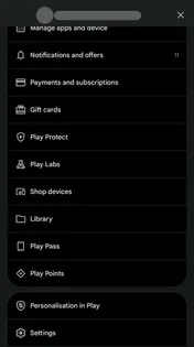 Google Play account menu with Payments and subscriptions highlighted; account name and photo hidden