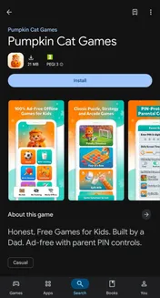 Pumpkin Cat Games on Google Play, with the PEGI 3 rating just under the title