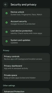 Security and privacy settings, with Privacy dashboard highlighted under Privacy