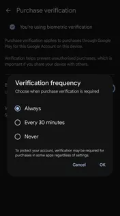 Purchase verification settings, with Verification frequency set to Always