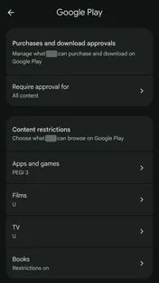 Family Link's Google Play settings, with Apps and games capped at PEGI 3; child's name hidden