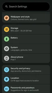 Android Settings on a Pixel 7, with Security and privacy highlighted
