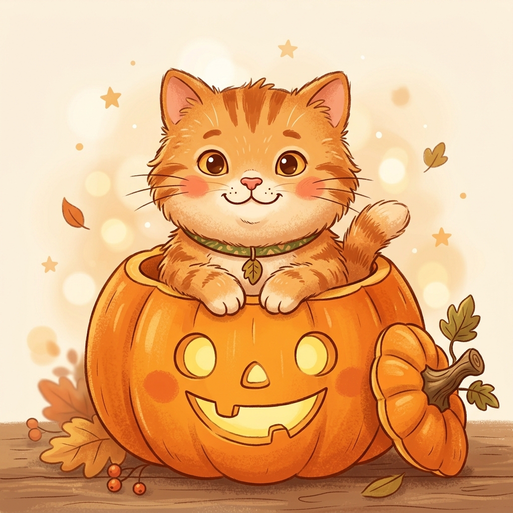 Cute Kitten in Pumpkin Illustration