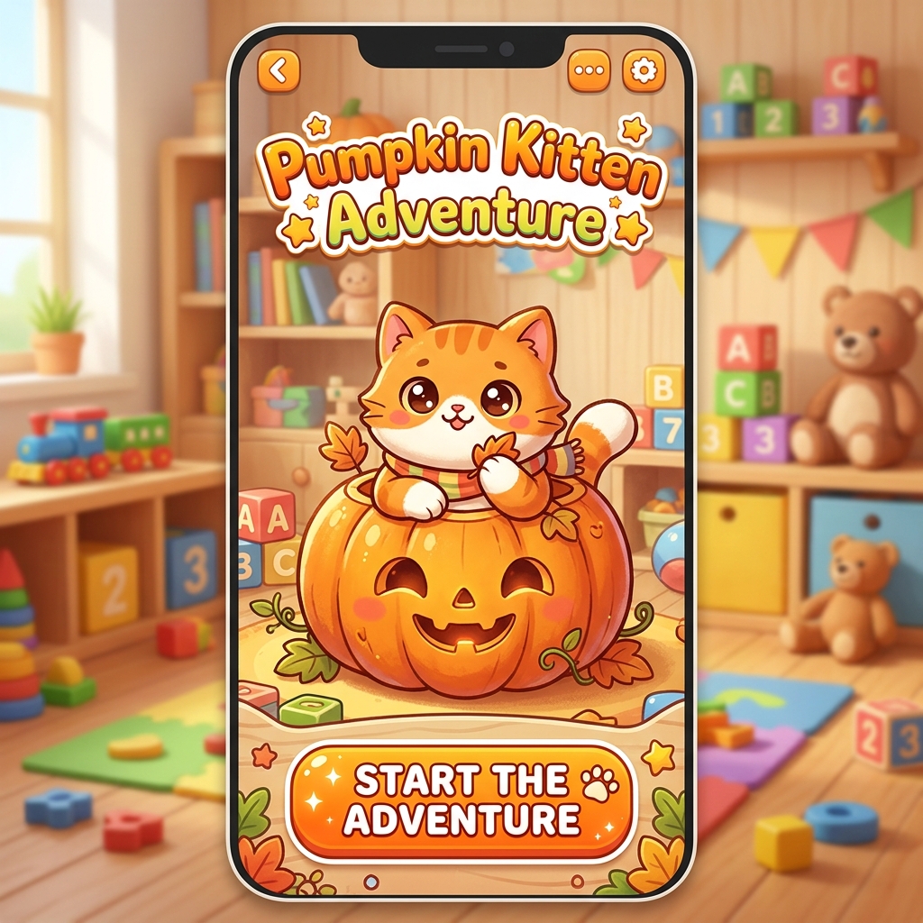 Pumpkin Kitten Adventure Mobile Game Mockup
