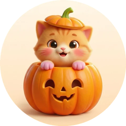 The Pumpkin Cat mascot peeking out of a pumpkin